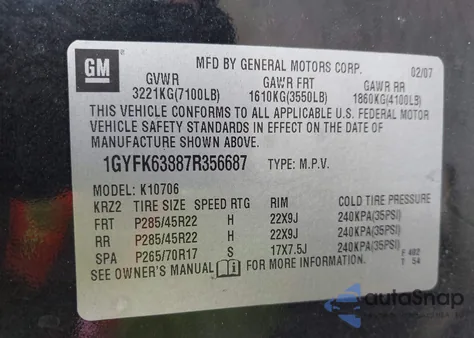 2007 Cadillac Escalade Standard from USA, damaged, VIN 1GYFK63887R356687
